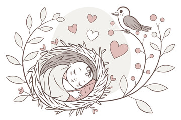 21 Newborn baby sleeping in a nest, intricate illustration, soft pastel colors, hearts and flowers surrounding, bird perched nearby, whimsical style, detailed textures, ethereal atmosphere, delicate l