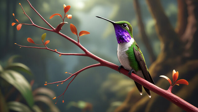 Vibrant hummingbird perched on a branch with autumnal leaves in a lush forest setting - Powered by Adobe