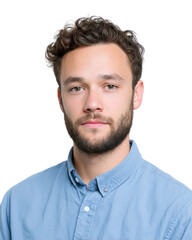Obraz premium Portrait of a Young Man with Curly Brown Hair Wearing a Light Blue Shirt isolated transparent background