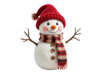 Cute snowman with red hat, striped scarf, twig arms, carrot nose, and buttons isolated on transparent background Christmas winter holiday