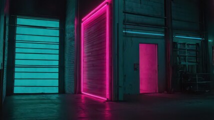 Interior of a warehouse with neon lights illuminating doors and a roller shutter in teal and pink