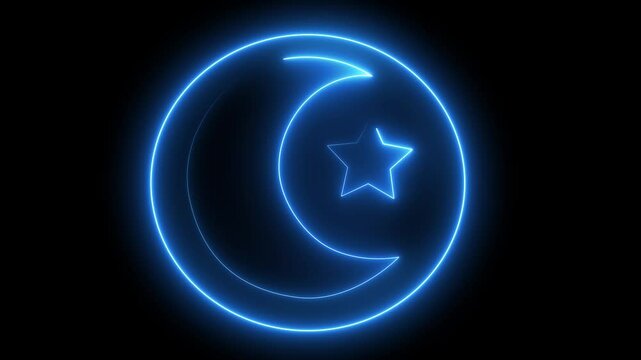 Glowing Blue Crescent Moon and Star Neon Sign Islamic Symbol on Black Background