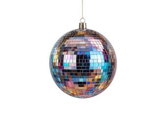 Hanging mirrored disco ball isolated on transparent background, disco, party, music.