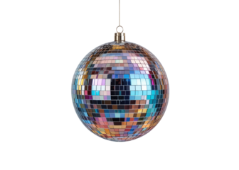 Hanging mirrored disco ball isolated on transparent background, disco, party, music.