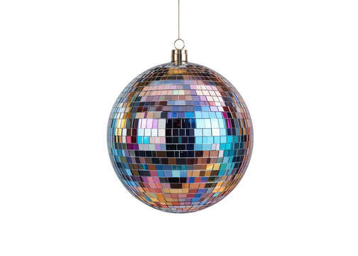 Hanging mirrored disco ball isolated on transparent background, disco, party, music.