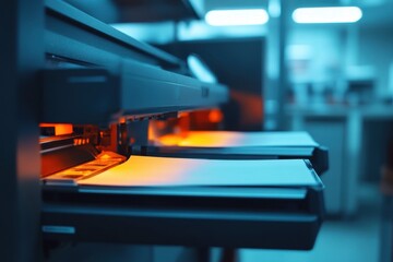 Hightech copier printer scanning documents with illuminated trays in an office setting, Closeup of copier printer, scanning document, office tool