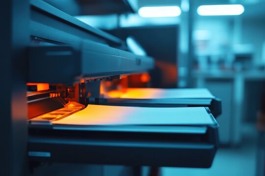 Hightech copier printer scanning documents with illuminated trays in an office setting, Closeup of copier printer, scanning document, office tool - Powered by Adobe