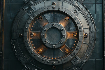 Fototapeta premium Steampunk Metal Door Glowing Detail Closeup