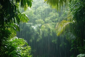 Naklejka premium Tropical rain shower drenching lush foliage in evergreen rainforest during heavy rainfall, Heavy rainfall shower in evergreen tropical rain forest in rainy monsoon season