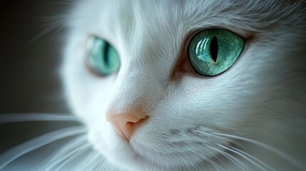 White cat portrait, green eyes, indoors, dark background, pet profile