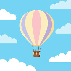 Naklejka premium Colorful hot air balloon floating in blue sky with fluffy clouds