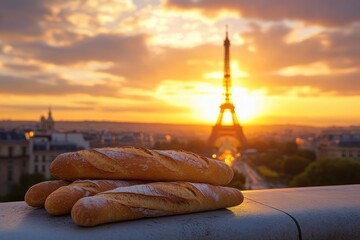 Fresh baguettes overlooking the Eiffel Tower at sunset in Paris, Fresh baguettes on ledge with famous tower in background at sunset