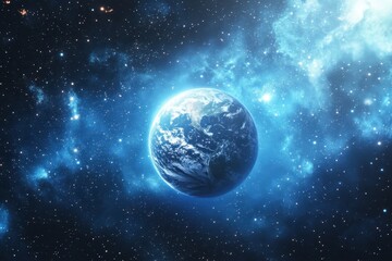 Fototapeta premium Earth floats in the majestic expanse of a star-filled universe surrounded by cosmic wonders, Earth floats in vast, star-filled outer space with cosmic blue hues and bright light