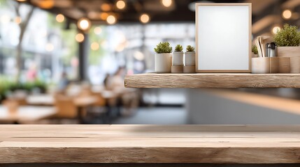 Wooden table with white backdrop, blank shelf over blurred restaurant setting, retail shop display surface