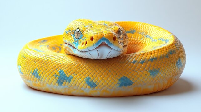 Yellow python coiled, studio shot, white background, pet reptile