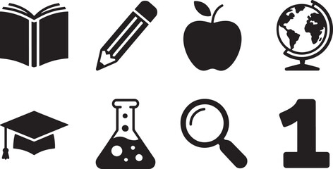 Black and white school icons including an apple globe graduation cap and pencil