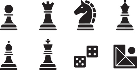 Black and white chess pieces and game related symbols with minimalist style