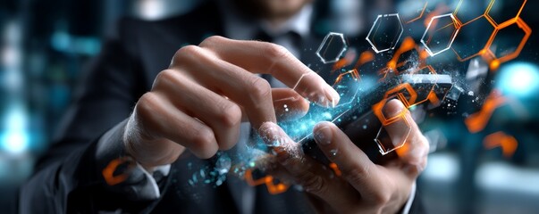 Web3 Icon and Hands Holding Device in Futuristic Hexagon Tech Background