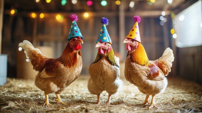 Chickens in colorful party hats celebrating with joy and laughter, festive scene humor, celebrations, quirky animal themes, birthday. whimsical festive banner web poster design card wallpaper