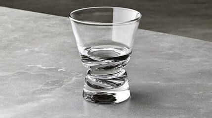 A simple, clear drinking glass placed on a soft gray surface, capturing its smooth and minimal design