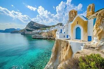 Fototapeta premium Stunning coastal view of Adamas in Milos Island showcasing Greek architecture and vibrant blue waters, Greece island travel landscape Milos island Adamas city