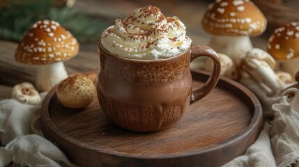 A brown mug of cocoa with whipped cream and fungi on a wooden tray. Use this warm, cozy image for blogs, social media, or advertisting.