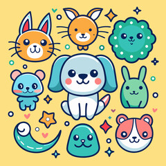 Naklejka premium cute cartoon animals doodle cat dog elephant 