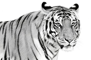Fototapeta premium Tiger drawing in black and white, suitable for wildlife posters, book illustrations, graphic design projects, apparel prints, and websites.