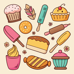 bakery doodle icons  bread cupcake oven rollin