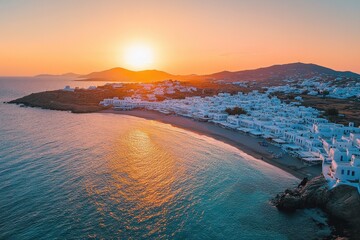 Obraz premium Explore stunning sunsets and serene beaches of Mykonos island while relaxing in this picturesque paradise, Aerial view of Mykonos island Relax and explore local culture and greek history
