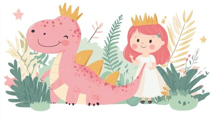 Princess dinosaur. Cute pink girl dino baby. Child shower motivation cool funny design vector kids poster illustration , no logos, no brands