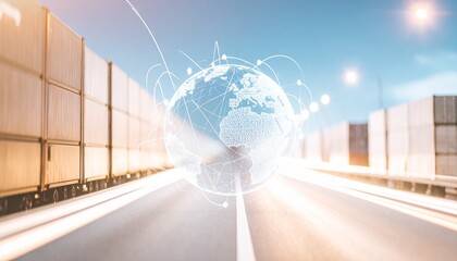 Visualization of virtual international logistics routes in the form of connected arrows and lines on digital globe