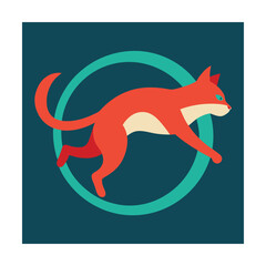 Stylized orange cat leaping inside a teal circle against dark teal square background
