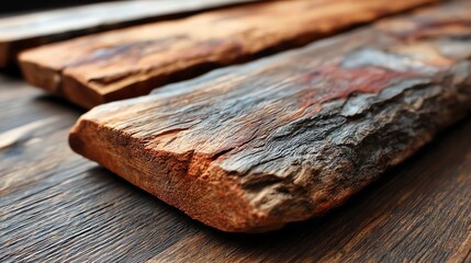 Fototapeta premium Rustic cedar wood planks with natural rough bark edges, perfect for organic decor, DIY projects, and textured backgrounds. Unprocessed, raw beauty for rustic designs!