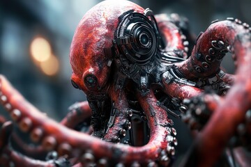 Exploring an alien cyborg octopus with intricate robotic features in a futuristic underwater setting, Alien cyborg octopus twist morph