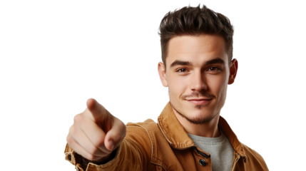 Confident young man pointing at camera with elegant smile, isolated on transparent background. PNG