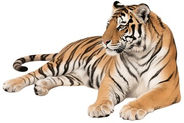 Fototapeta premium Tiger drawing depicting a bengal tiger resting on a clean white background. Suitable for wildlife illustrations, kids books, and educational materials.