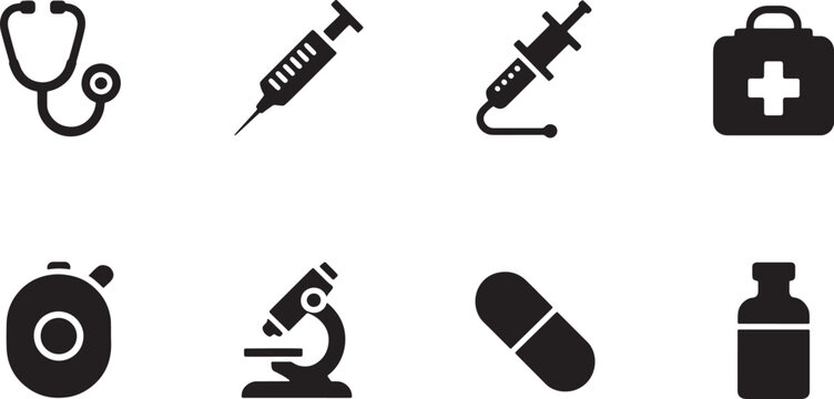 Collection of basic medical icons including stethoscope syringe and first aid kit