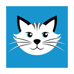 Vector illustration of a friendly white cat face with blue eyes on a blue background