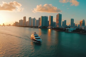 Fototapeta premium Drone view captures sunset over Miami Downtown with yacht cruising in the bay, 4k drone footage over Miami Downtown, travel location