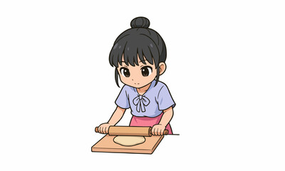 cute woman rolling dough with rolling pin cartoon illustration