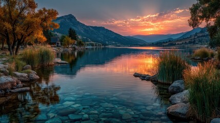 Tranquil lake at sunset with reflections mountain landscape nature photography peaceful environment