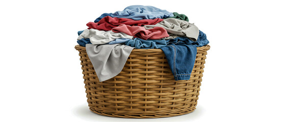 A full wicker laundry basket overflowing with assorted colorful clothes ready for a wash cycle.