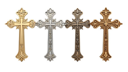 Exquisite religious crosses displayed in various metallic textures against a black background