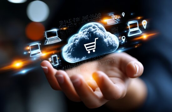 Digital Hand Holding Cloud with Data and Icons on Dark Background - Powered by Adobe