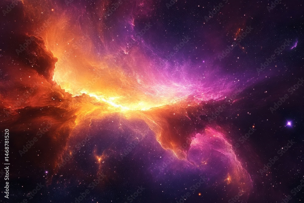 Wall mural swirling colors of a brilliant nebula in deep space showcasing vibrant purple and orange hues, brill