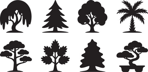 Black tree silhouettes collection featuring various styles of trees for nature and design concepts