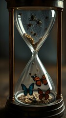 Allegories and metaphors: Spiders, Webs, and Butterflies in a Glass Hourglass
Concept: Transformation, balance, surrealism,
Allegories and metaphors