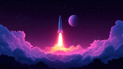 Rocket Launch at Night Through Purple Cloudscape A Stunning Space Exploration Illustration