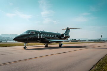 High-resolution photograph of a private jet parked on a pristine airport runway